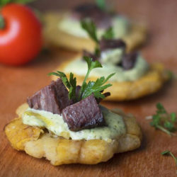 B'gan Garlic Dill Tostones with Skirt Steak